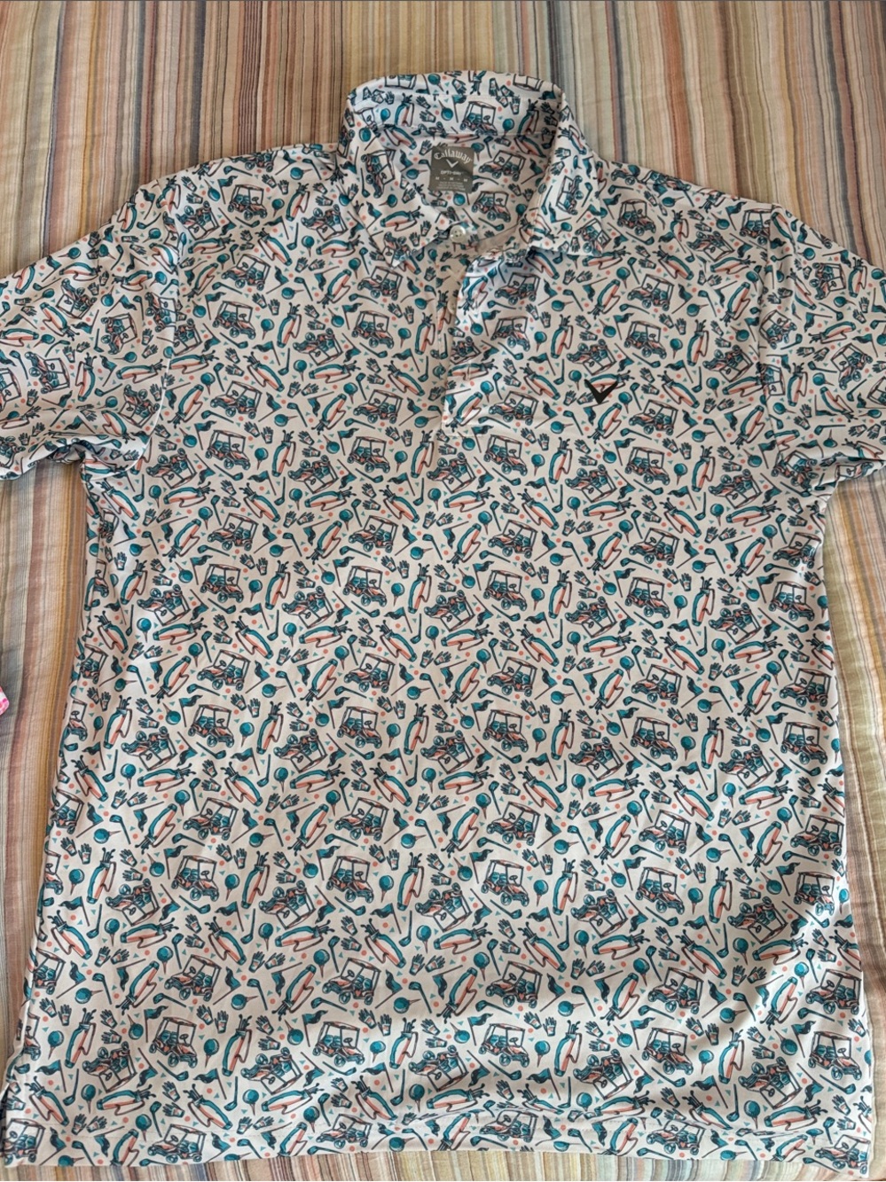 Callaway White Polo with Teal and Coral Golf Print Men’s Size Medium